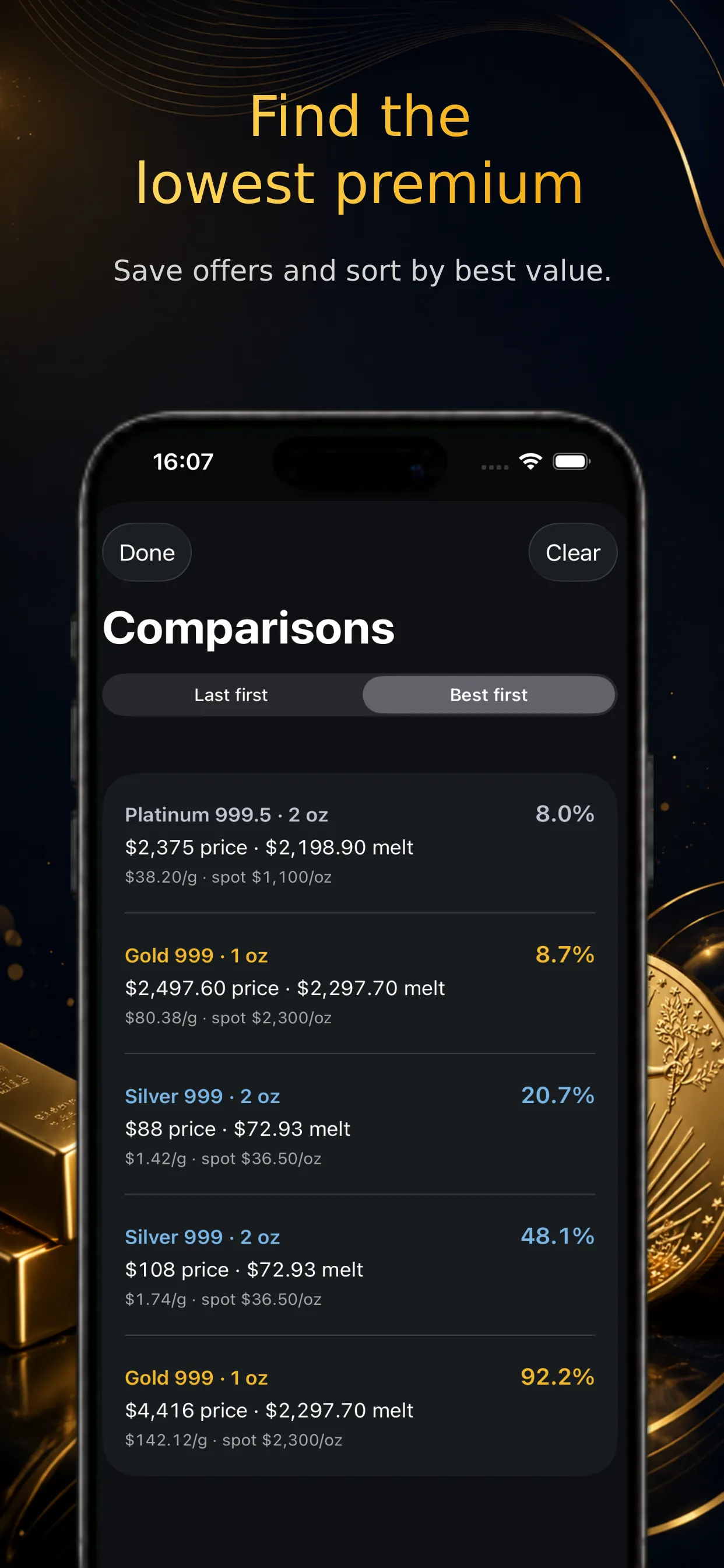 Bullion Premium comparison list sorting platinum, gold, and silver offers by premium