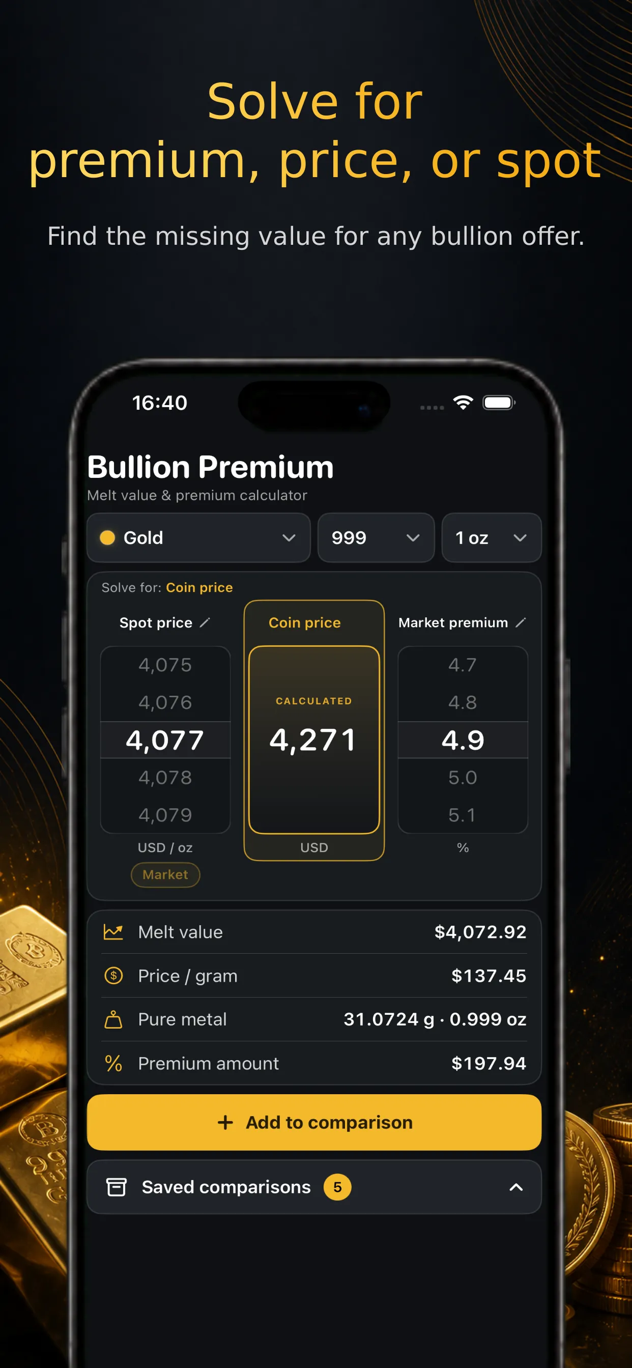 Bullion Premium Calculator solving for a gold coin price from spot price and premium