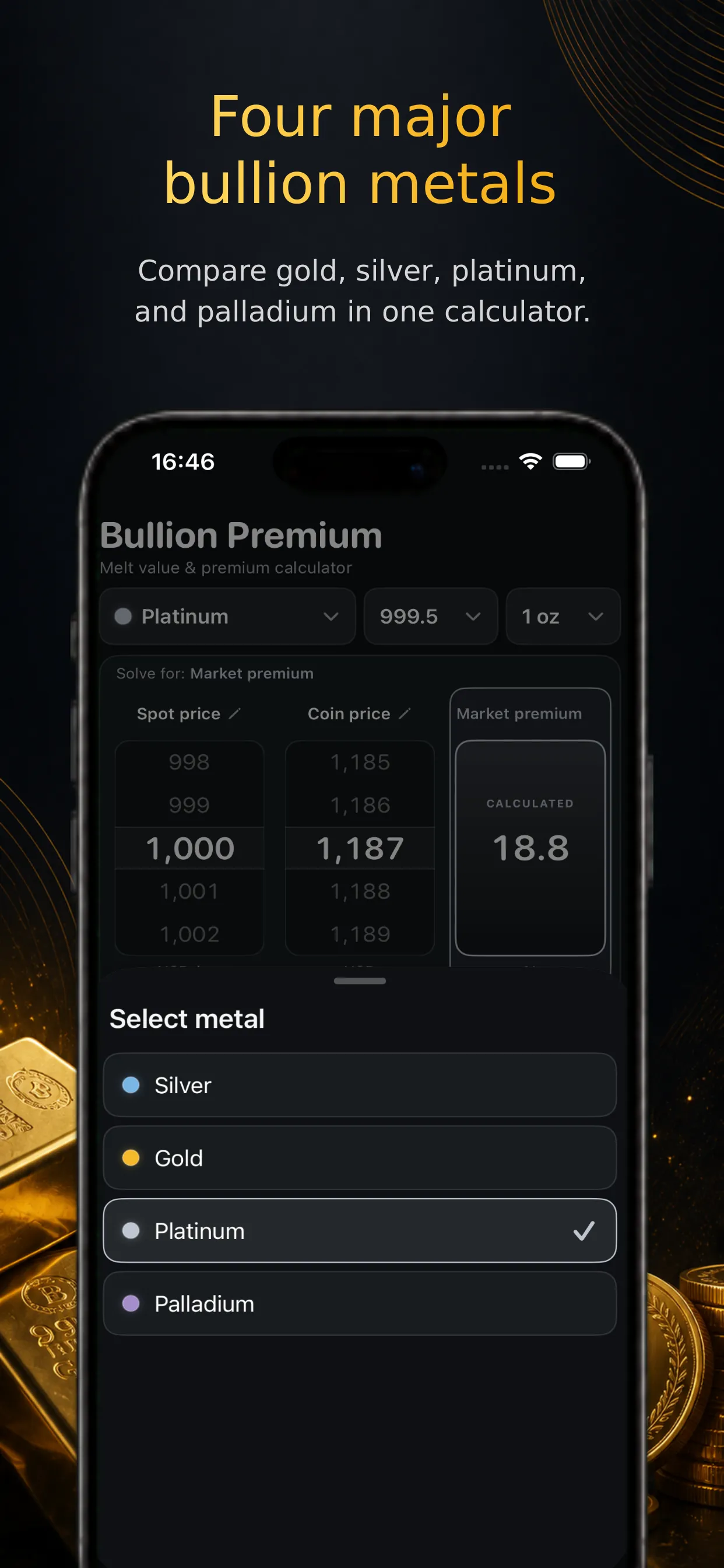 Bullion Premium metal selector offering silver, gold, platinum, and palladium